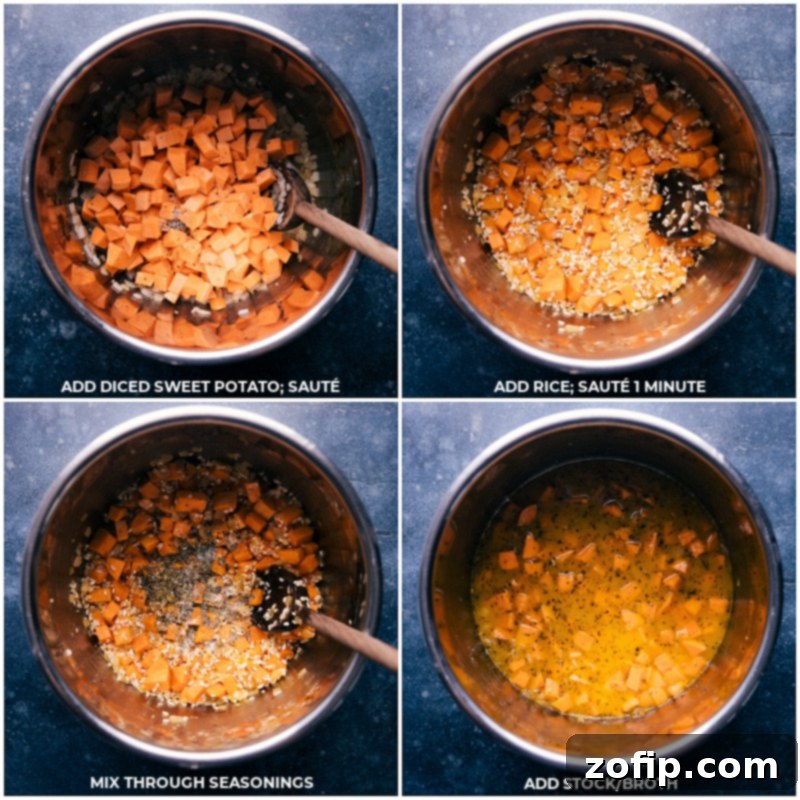 Process shots of sweet potatoes, rice, seasonings, and chicken stock being added and cooked together in an Instant Pot