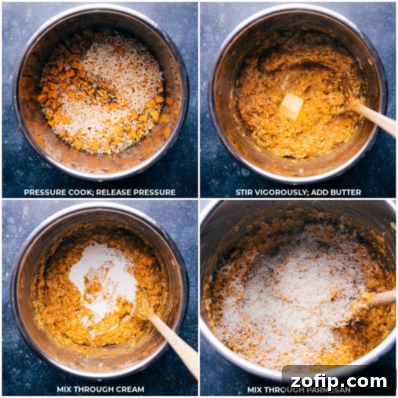 Process shots of butter, cream, and Parmesan cheese being added and mixed into the sweet potato risotto