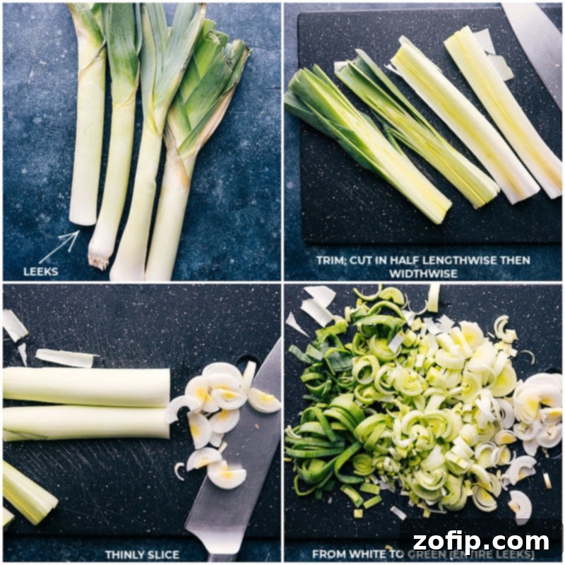 Process shots showing fresh leeks being chopped and prepared for the soup.