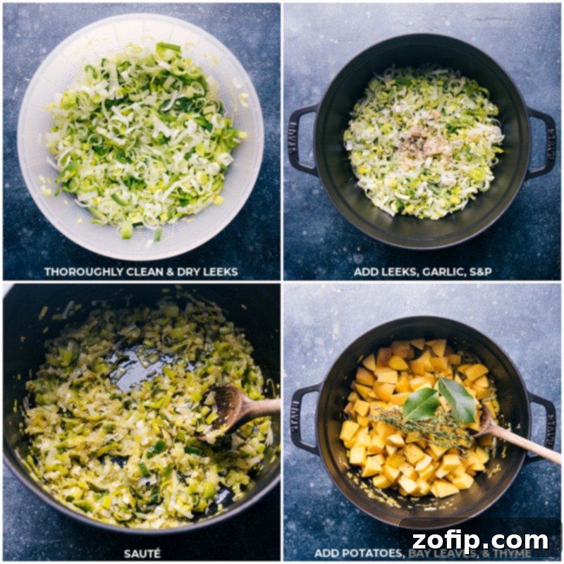 Process shots of Potato Leek Soup preparation, showing leeks being washed and cooked, followed by the addition of potatoes, bay leaves, and fresh thyme into the pot.