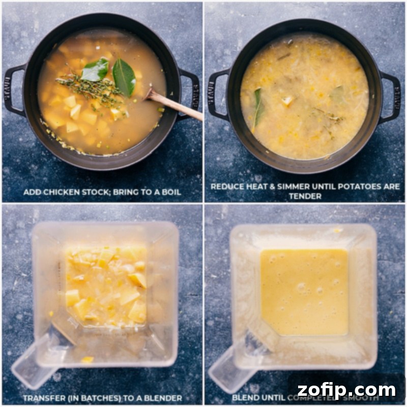 Process shots of the soup being cooked and then blended to a creamy consistency.