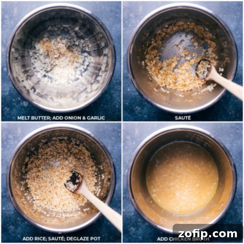 Step-by-step process of making Instant Pot Risotto: melting butter, sautéing onion and garlic, adding rice, deglazing the pot, and adding chicken broth.
