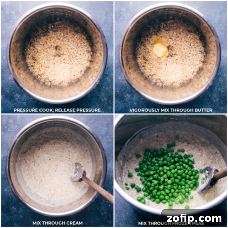 Step-by-step process of finishing Instant Pot Risotto: pressure cooking, mixing in butter, cream, and frozen peas.