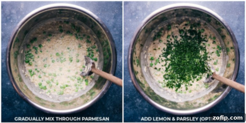 Process shots of adding Parmesan cheese, lemon, and parsley to the Instant Pot Risotto.