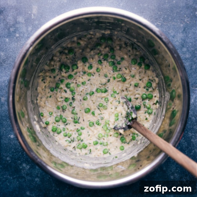 Overhead view of the finished Instant Pot Risotto, still in the Instant Pot liner, ready to be served.