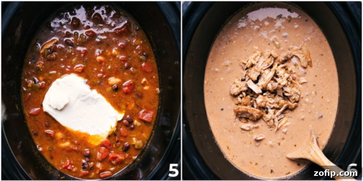 Softened cream cheese is gently incorporated into the crockpot, after which the shredded, cooked chicken is added back in.