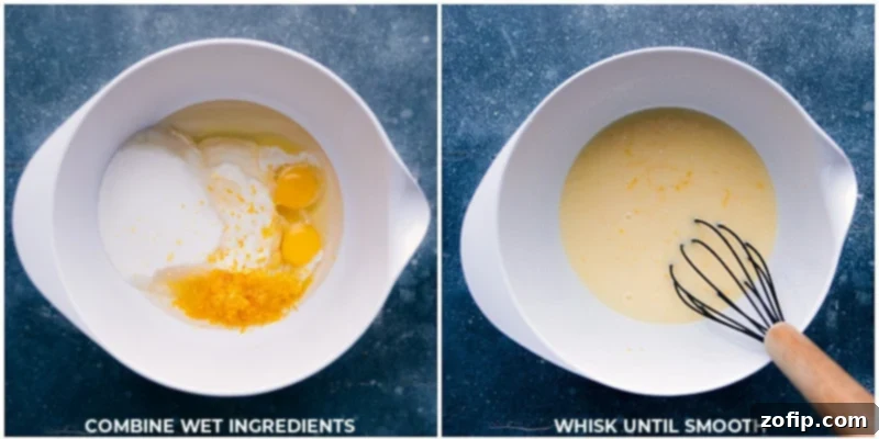 A bowl of wet ingredients being whisked together until smooth and perfectly combined, showcasing the creamy texture.