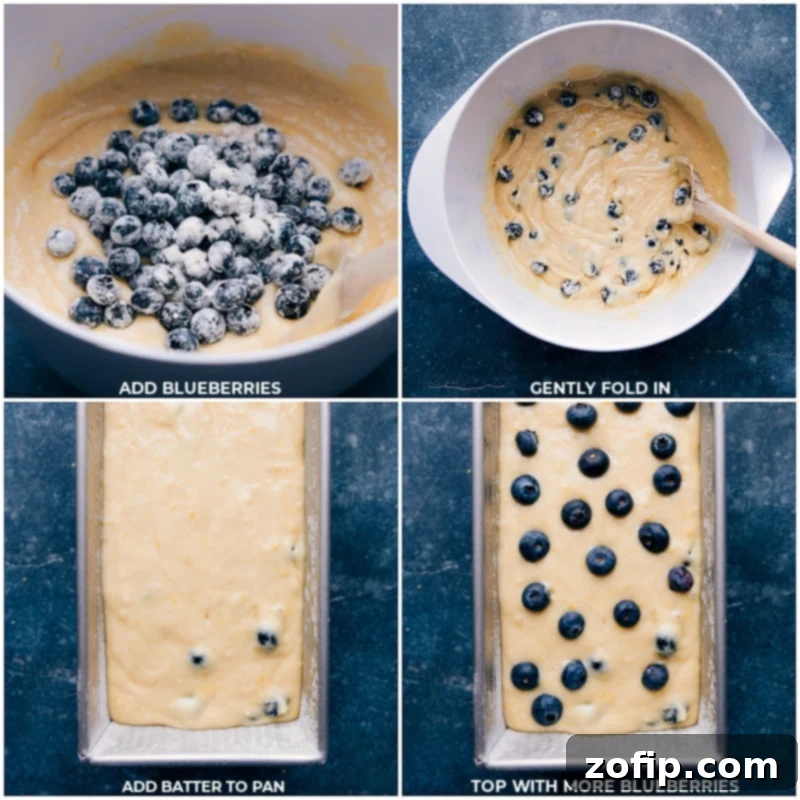Adding fresh blueberries to the prepared bread batter and gently folding them in, followed by pouring the batter into the loaf pan and topping with additional blueberries.