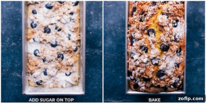 The top of the lemon blueberry bread loaf being sprinkled with sugar before baking, which will create a golden brown and crunchy crust.