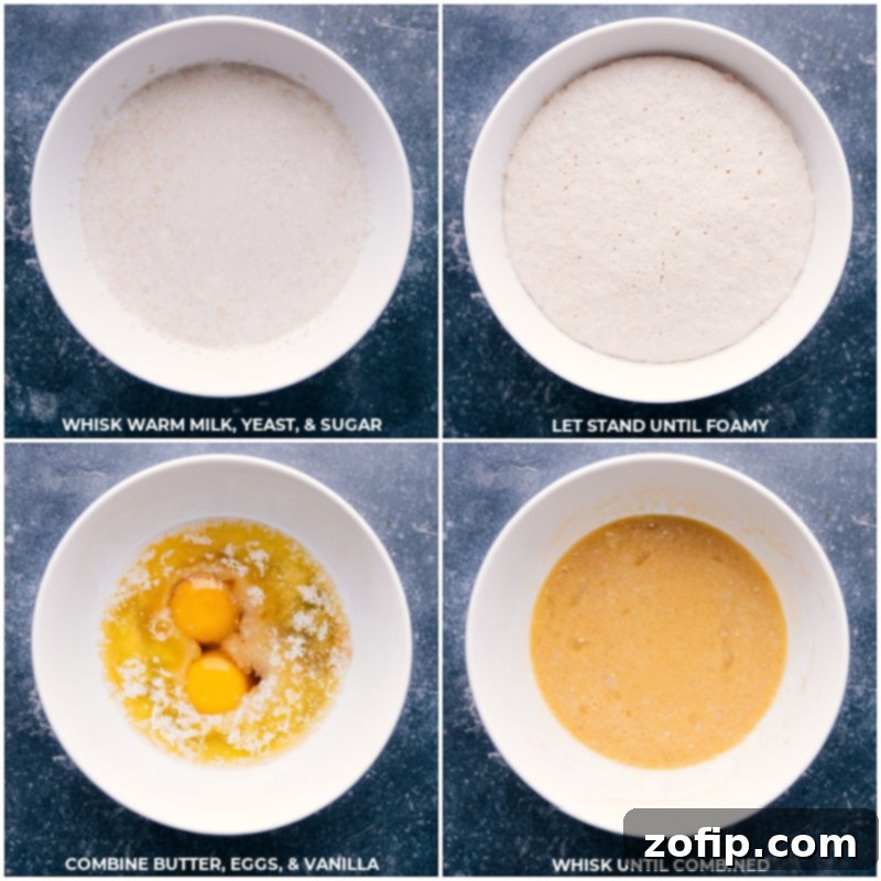 Process shot: Whisking milk, yeast, and sugar; then combining butter, eggs, and vanilla for easy cinnamon rolls.