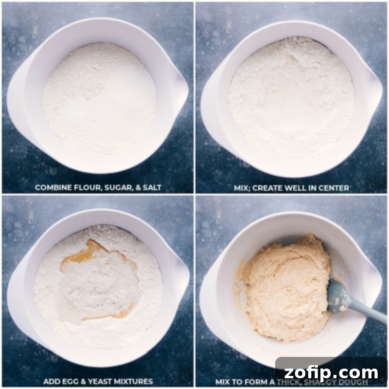 Process shot: combining flour, sugar, and salt; mixing and creating a well; then adding egg and yeast mixtures to form a thick, shaggy dough for easy cinnamon rolls.