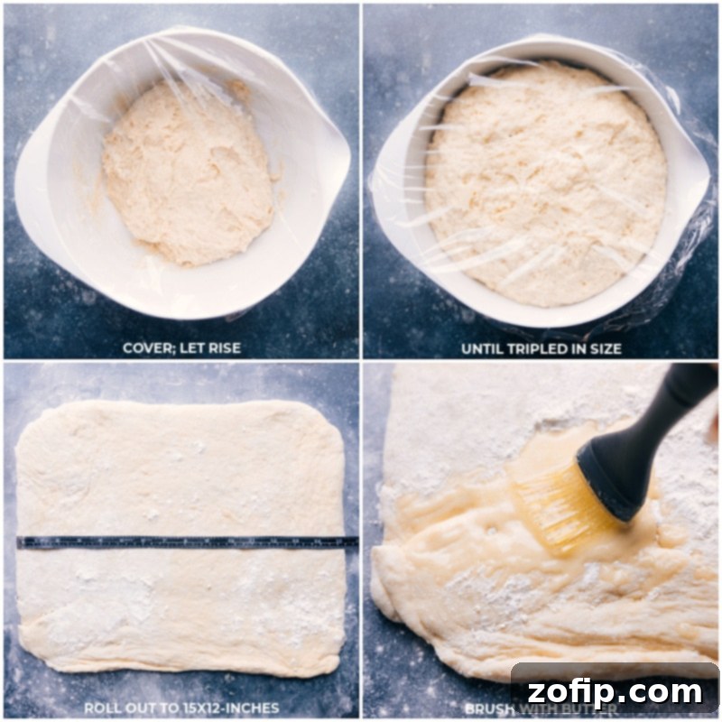 Process shot: Covered dough rising until tripled, then rolled into a rectangle and brushed with butter for this easy no-knead cinnamon roll recipe.