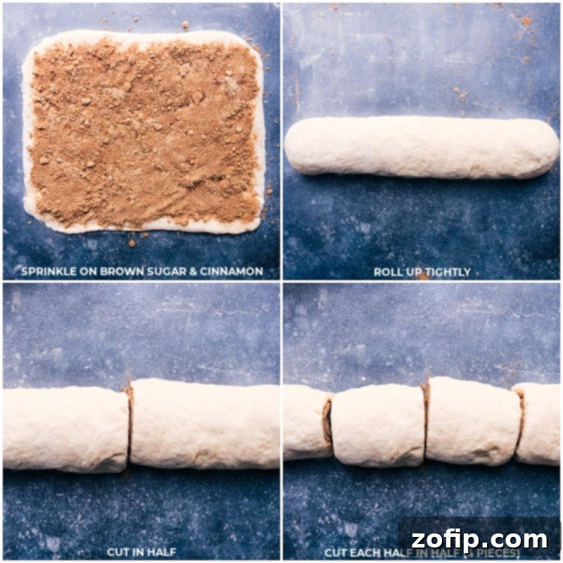 Process shot: sprinkling brown sugar and cinnamon, rolling tightly, then cutting into individual pieces for easy cinnamon rolls.