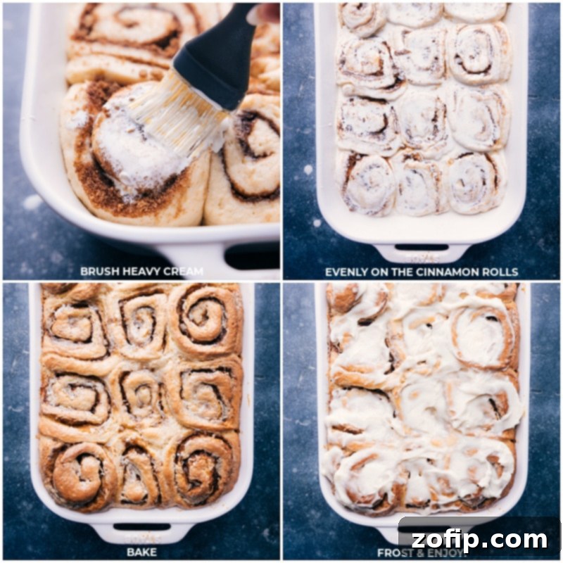 Process shot: Brushing heavy cream over unbaked rolls, baking, then frosting and serving the easy cinnamon rolls.
