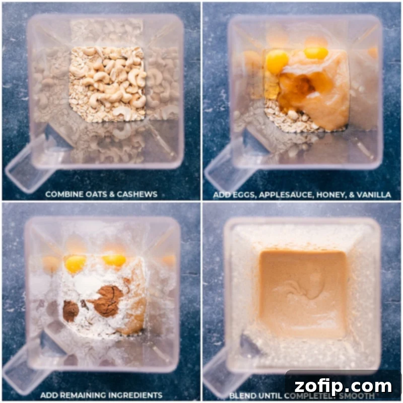 Process images showing oats, cashews, eggs, applesauce, honey, vanilla, and other pancake ingredients being added to a powerful blender before mixing.