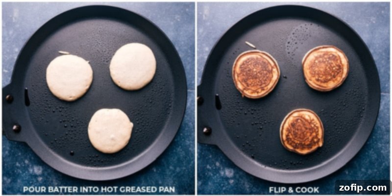 Close-up process shots of Applesauce Pancakes cooking on a griddle, showing the batter bubbling and edges firming before flipping.