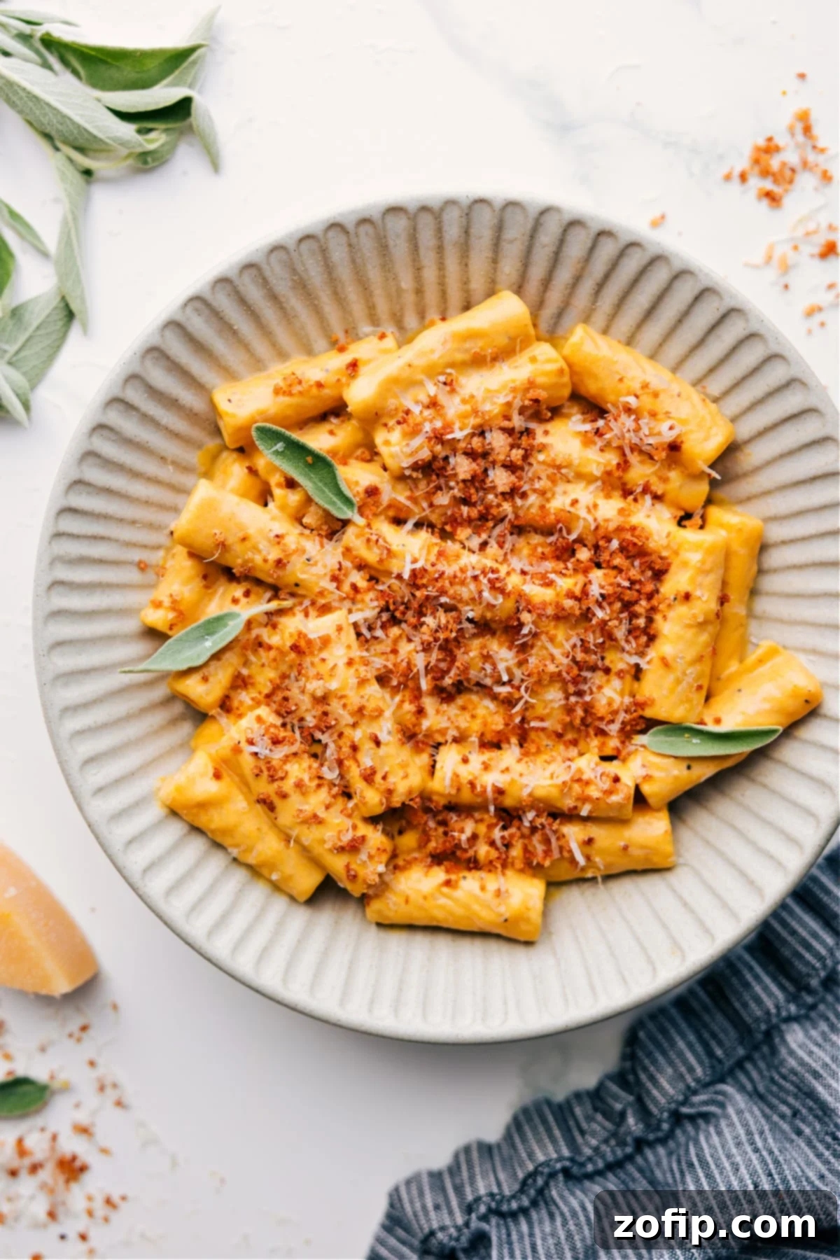 Creamy Pumpkin Pasta Recipe served in a rustic bowl, generously topped with golden crispy sage breadcrumbs and freshly grated Parmesan cheese.