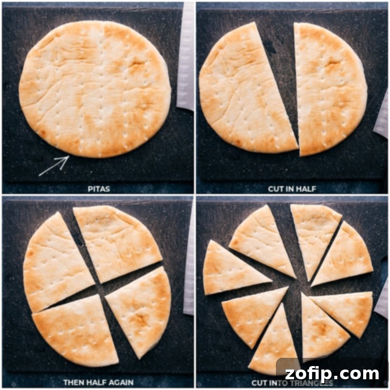 Effortlessly prepare these delicious homemade pita chips by cutting pita bread into triangles. Recipe via chelseasmessyapron #appetizer #best #quick #easy #simple #snacks #pita #chips Process shots showing pita bread being neatly cut into triangles before seasoning.