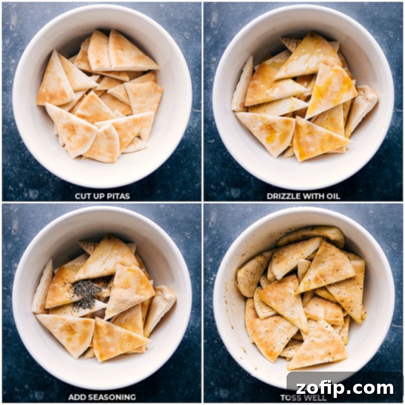 Seasoning pita chips with olive oil and spices is the key to creating big, thick, crunchy chips perfect for any dip or Mediterranean spread. Recipe via chelseasmessyapron #appetizer #best #quick #easy #simple #snacks #pita #chips Process shots showcasing olive oil and seasonings being generously added to pita triangles in a bowl.