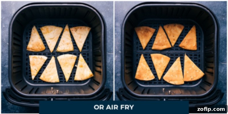 Homemade pita chips are the best! These big, thick, and crunchy chips are the perfect vehicle for a good dip and the ultimate addition to a fun Mediterranean spread. Recipe via chelseasmessyapron #appetizer #best #quick #easy #simple #snacks #pita #chips Process shots demonstrating pita chips being perfectly air-fried to a golden crisp.