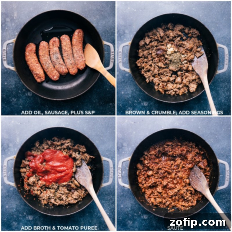 The process of browning Italian sausage in a large pan, followed by adding seasonings, chicken broth, and tomato puree to create the base of the creamy sauce.