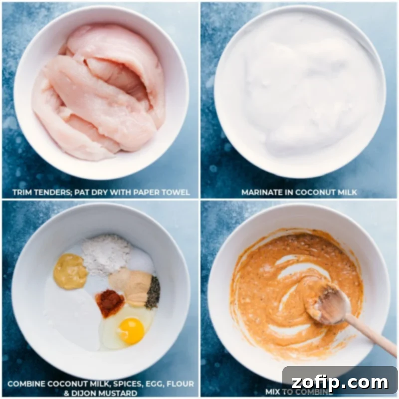 Preparing chicken for baking: marinating and battering steps. Process shots showing raw chicken tenderloins being prepared, with ingredients for the coconut batter being mixed in bowls.