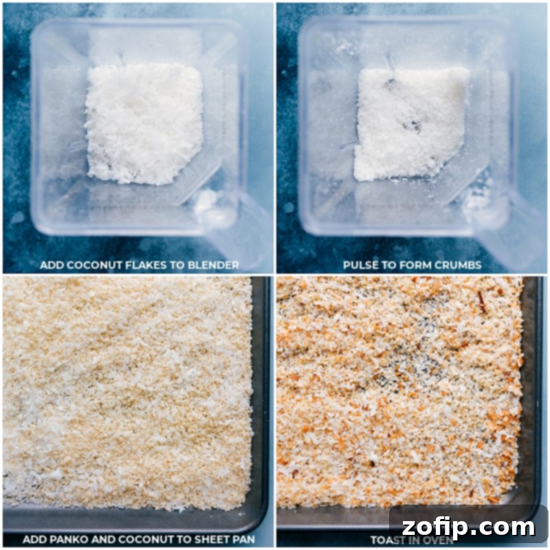 Toasting coconut and panko for extra crispy chicken breading. Process shots showing sweetened coconut flakes and panko breadcrumbs being toasted on a sheet pan.