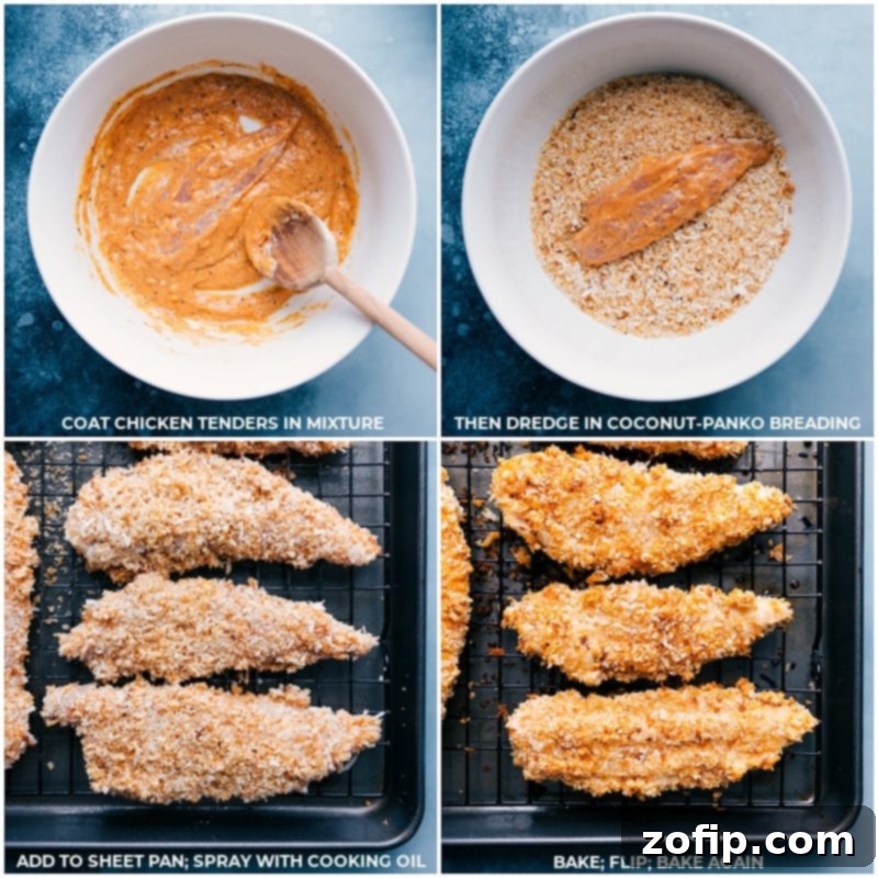 Baking Coconut Chicken Tenders for a perfectly crispy finish. Process shots showing chicken tenders being coated in breading, placed on a wire rack, sprayed with cooking oil, and baked in the oven until golden.