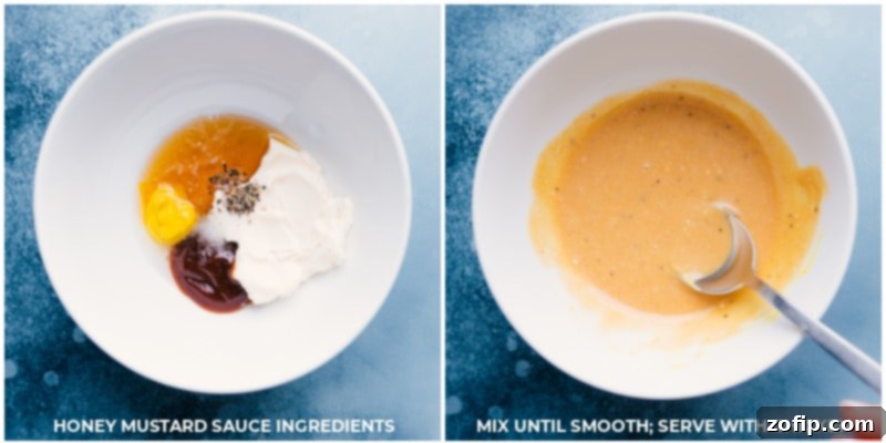 Homemade five-ingredient honey-mustard dipping sauce. A small bowl of creamy honey-mustard dipping sauce, garnished with a lemon slice and fresh parsley.