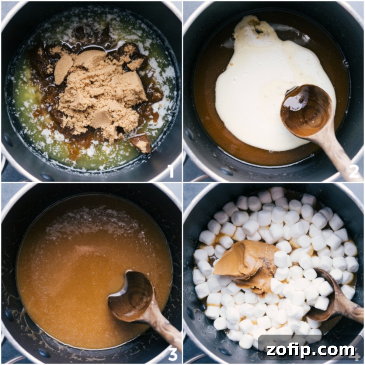 How To Make Peanut Butter Rice Krispie Treats The process of making peanut butter Rice Krispie treats, showing butter and brown sugar melting, followed by marshmallows and peanut butter being incorporated.