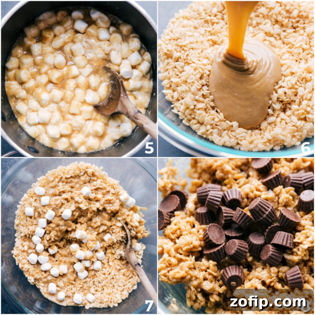 Mixing Everything Together For These Rice Krispie Treats The marshmallow and peanut butter mixture being poured over Rice Krispies, then extra marshmallows and mini Reese's cups being folded in.