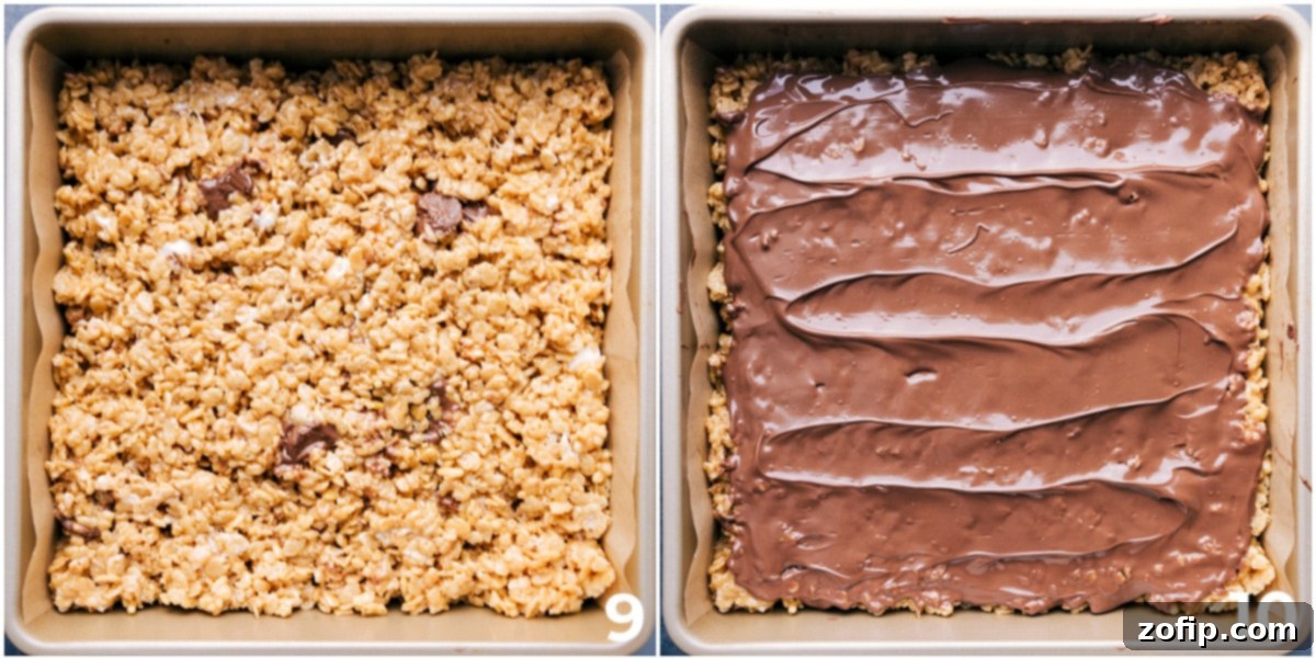 Adding A Chocolate Topping To The No Bake Peanut Butter Rice Krispie Treats Press the no-bake dessert into an even layer in the baking pan, then spread melted chocolate on top.