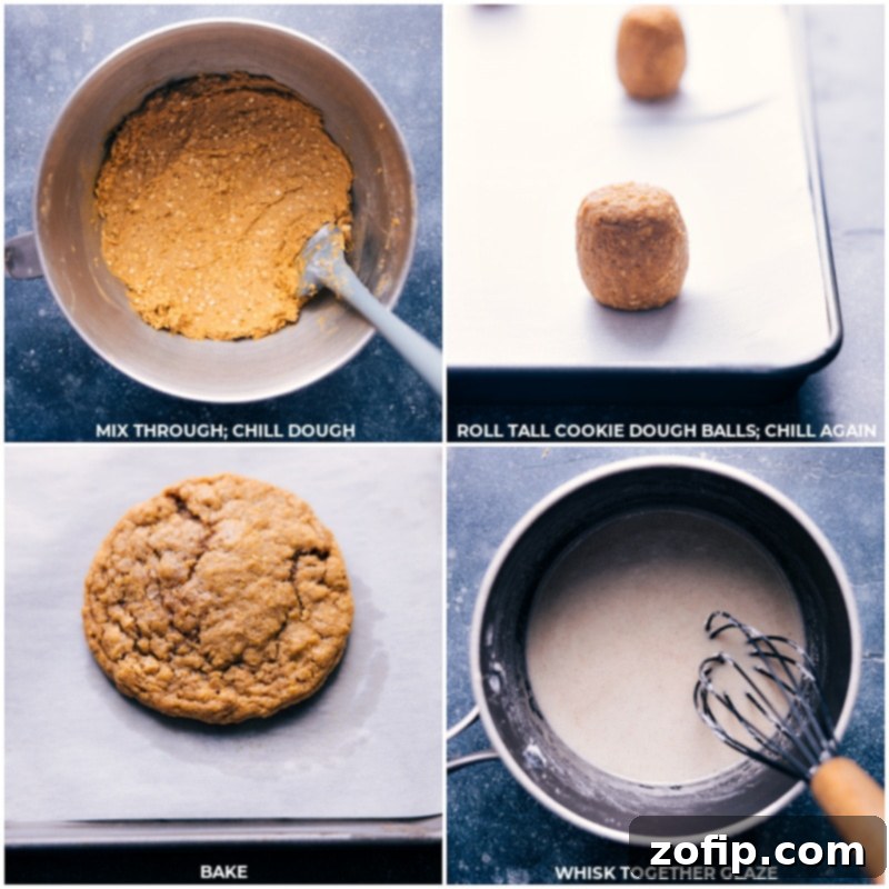 Process shots of Pumpkin Oatmeal Cookies, showing cookies baking on a sheet pan and glaze being whisked in a bowl