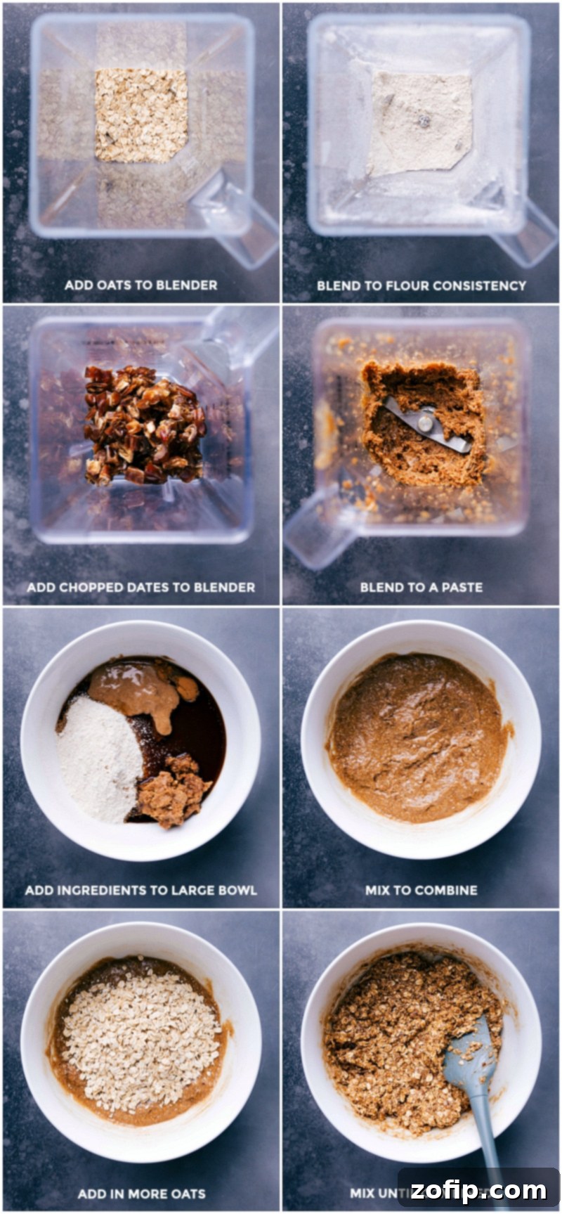 Process shots showing oats being blended into flour and dates processed into a paste, then combined with other ingredients for homemade granola bars.
