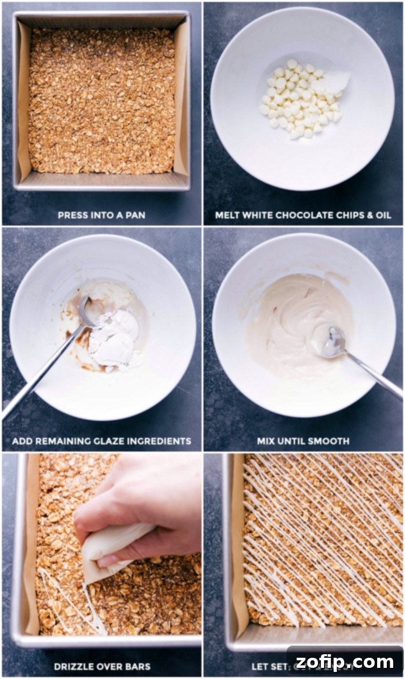 Visual guide showing the process of pressing granola bar batter into a pan, preparing the white chocolate glaze, and drizzling it over the bars.
