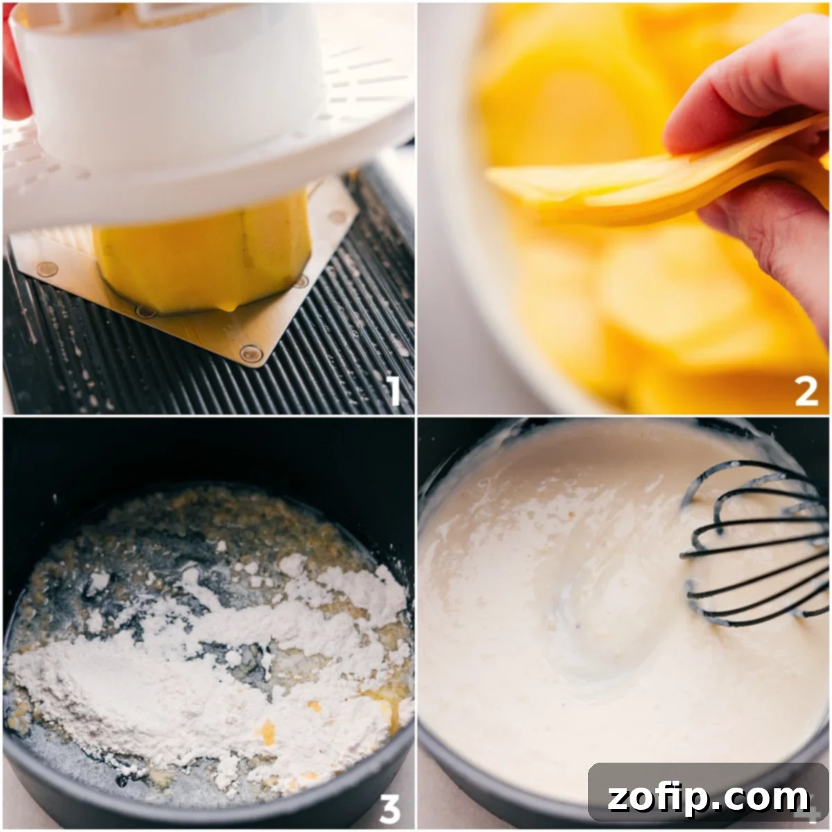 Thinly sliced potatoes and a creamy cheese sauce are being prepped for these au gratin potatoes before layering.