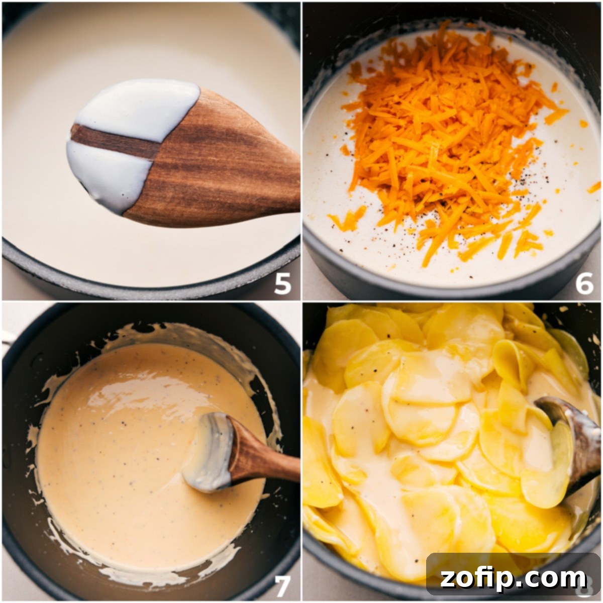 The cream sauce thickens beautifully as the cheese is incorporated, ready to coat the potatoes for the au gratin.