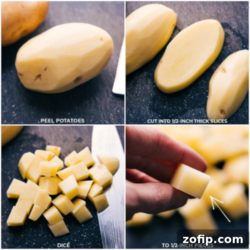 Process shots: Peeling potatoes, slicing into half-inch rounds, then dicing into cubes