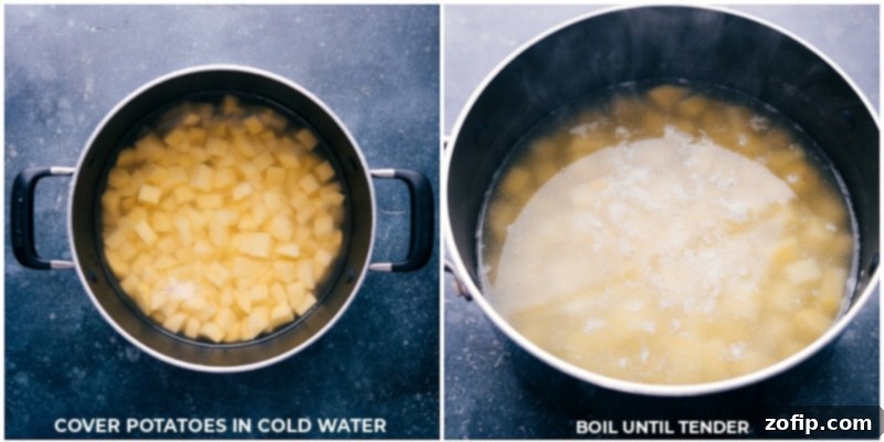 Process shots: Covering diced potatoes in cold water and boiling until tender