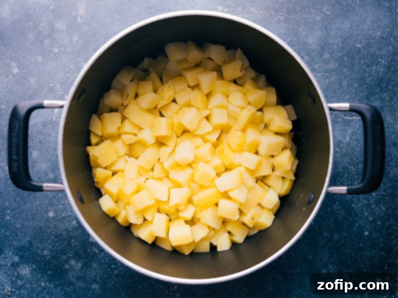 Overhead view looking into the pot of potato cubes coated in creamy sauce