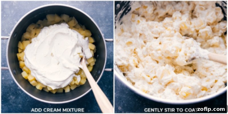 Process shots: Adding the sour cream mixture to the cooked potatoes and gently stirring to coat.