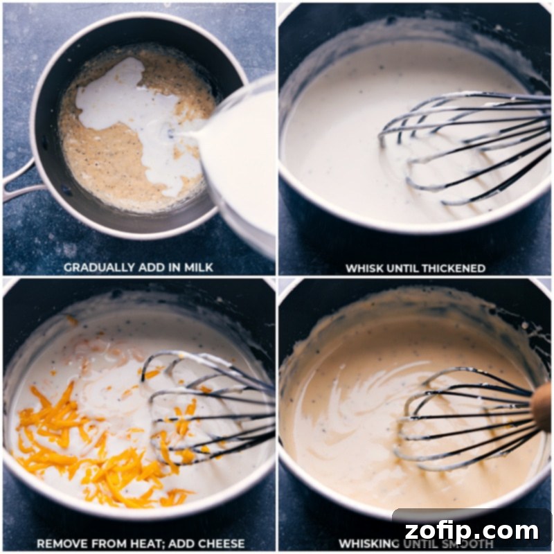 Adding milk and freshly shredded cheese to the pot, then whisking until the creamy sauce is smooth and luxurious.