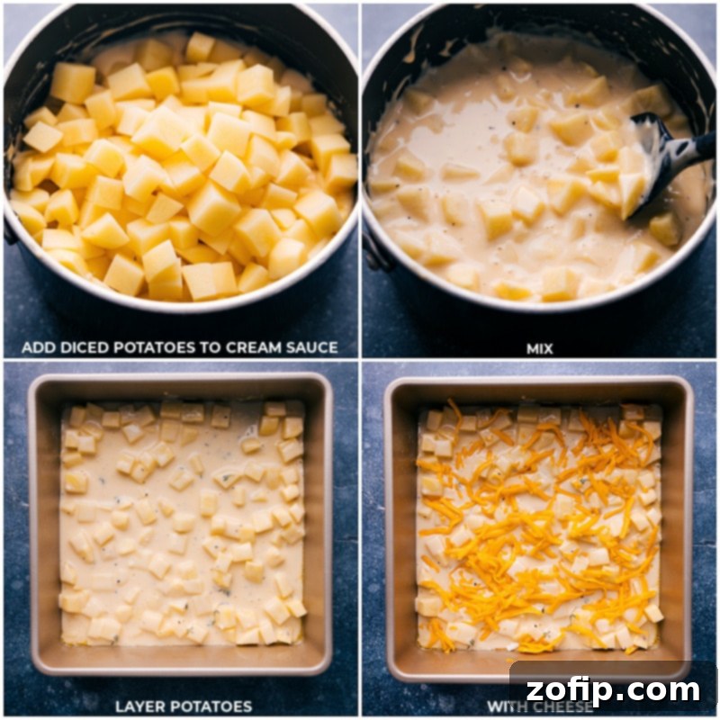 Add diced potatoes to the creamy cheese sauce, then pour everything into the baking pan and top with a layer of cheese before baking.