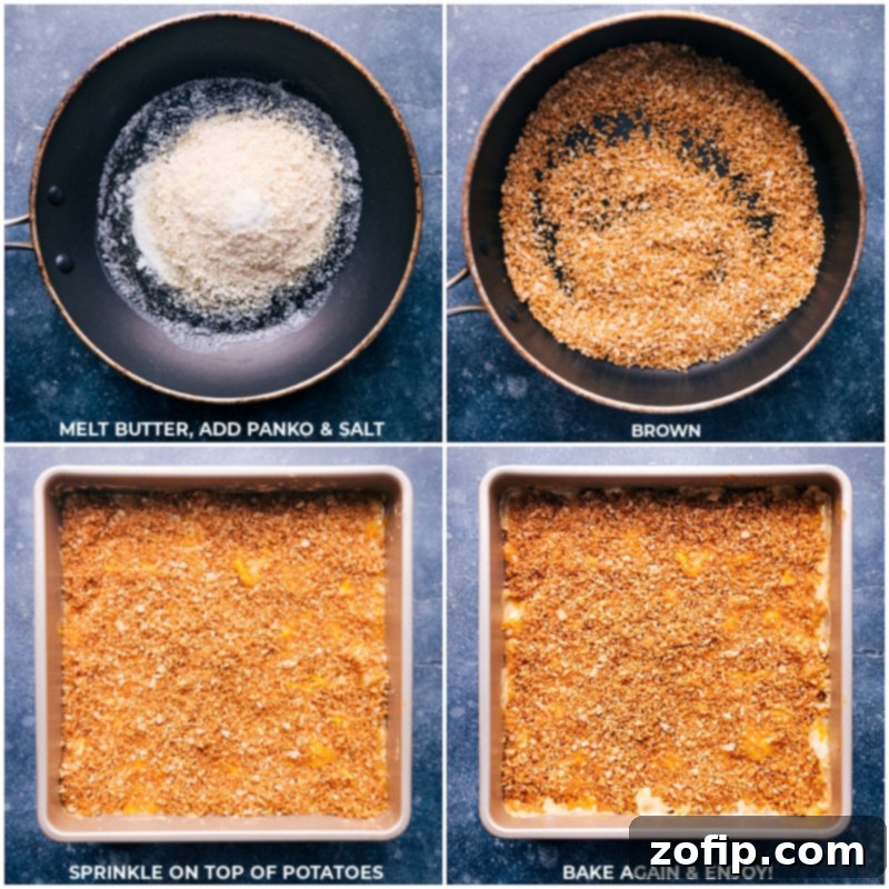 The final step: sprinkling the crispy, golden panko topping and a last layer of cheese over the cheesy potatoes before the final bake.