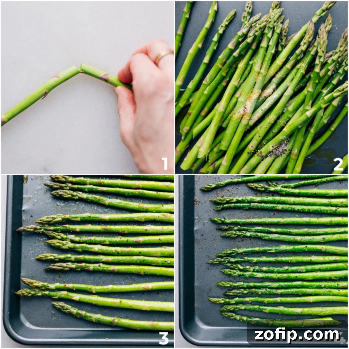 The Best Roasted Asparagus The asparagus being prepped and placed on the sheet pan along with seasonings to be roasted.