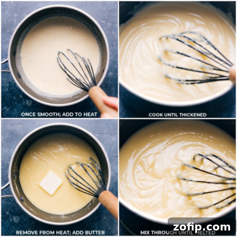 Process shot: Melted unsalted butter being gently incorporated and whisked into the warm, thickening banana custard, creating a smooth and glossy finish.