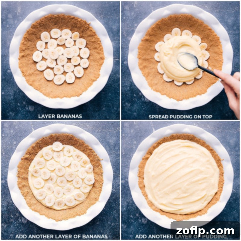 Process shots: Carefully layering fresh banana slices and evenly spreading the rich banana custard filling over the prepared graham cracker crust for a multi-layered pie.