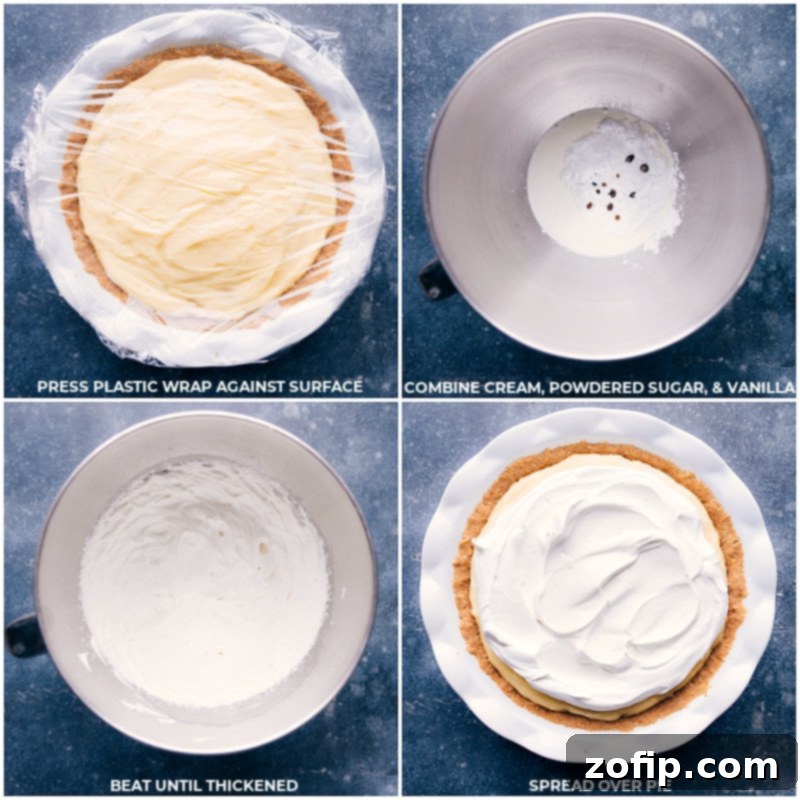 Process shots: The Banana Cream Pie chilling in the refrigerator to set, followed by a close-up of light and fluffy whipped cream being expertly spread over the chilled, layered pie.
