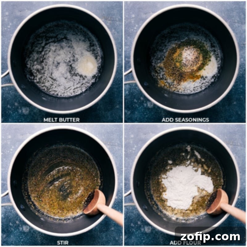 Building the rich, homemade cream sauce base for the casserole Process shots showing butter, seasonings, and flour being sautéed in a pot to start the creamy sauce