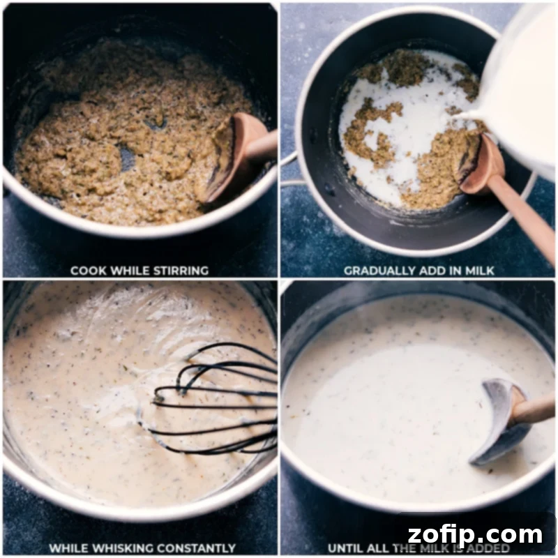 Creating the smooth, creamy sauce with gradual milk addition Process shots showing milk being added to the roux and cooked to thicken for the sauce
